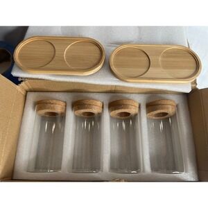 4 Piece Glass Propagation Jar Set with Cork Lids and Bamboo Trays Clear Natural